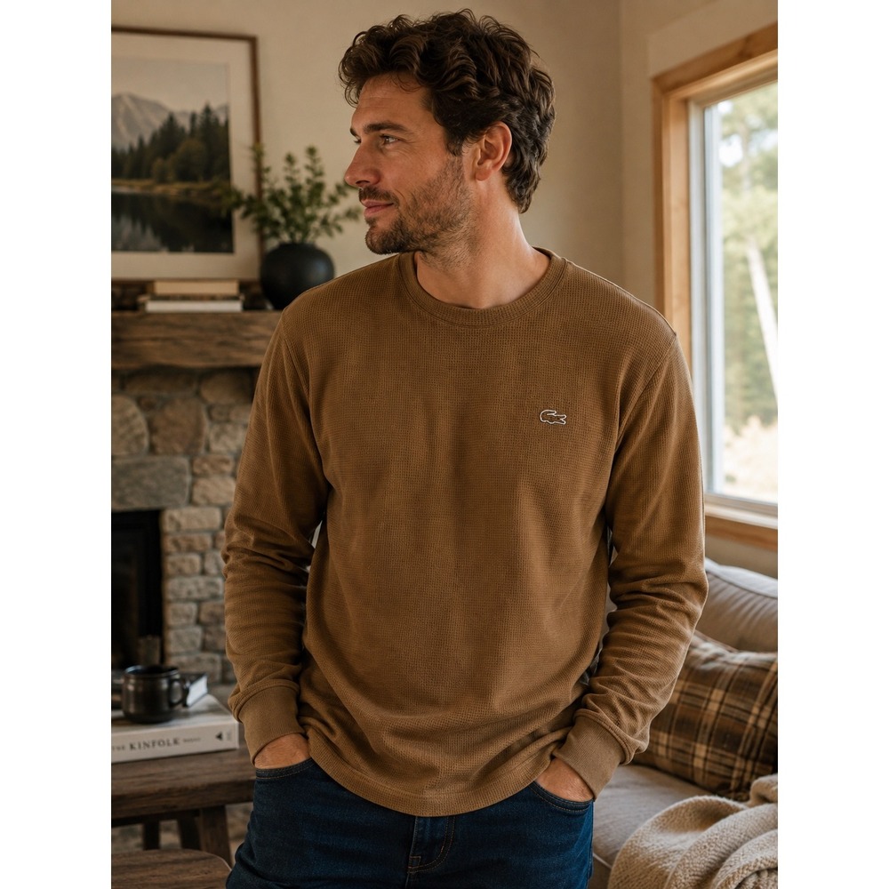 Lacoste Men's Small Brown Waffle Knit Thermal Long Sleeve Sleepwear Shirt